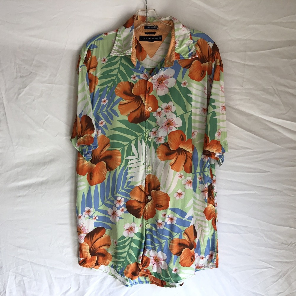 Tommy Hilfiger Shirt Mens Large Multicolor Floral Rayon Hawaiian Vintage